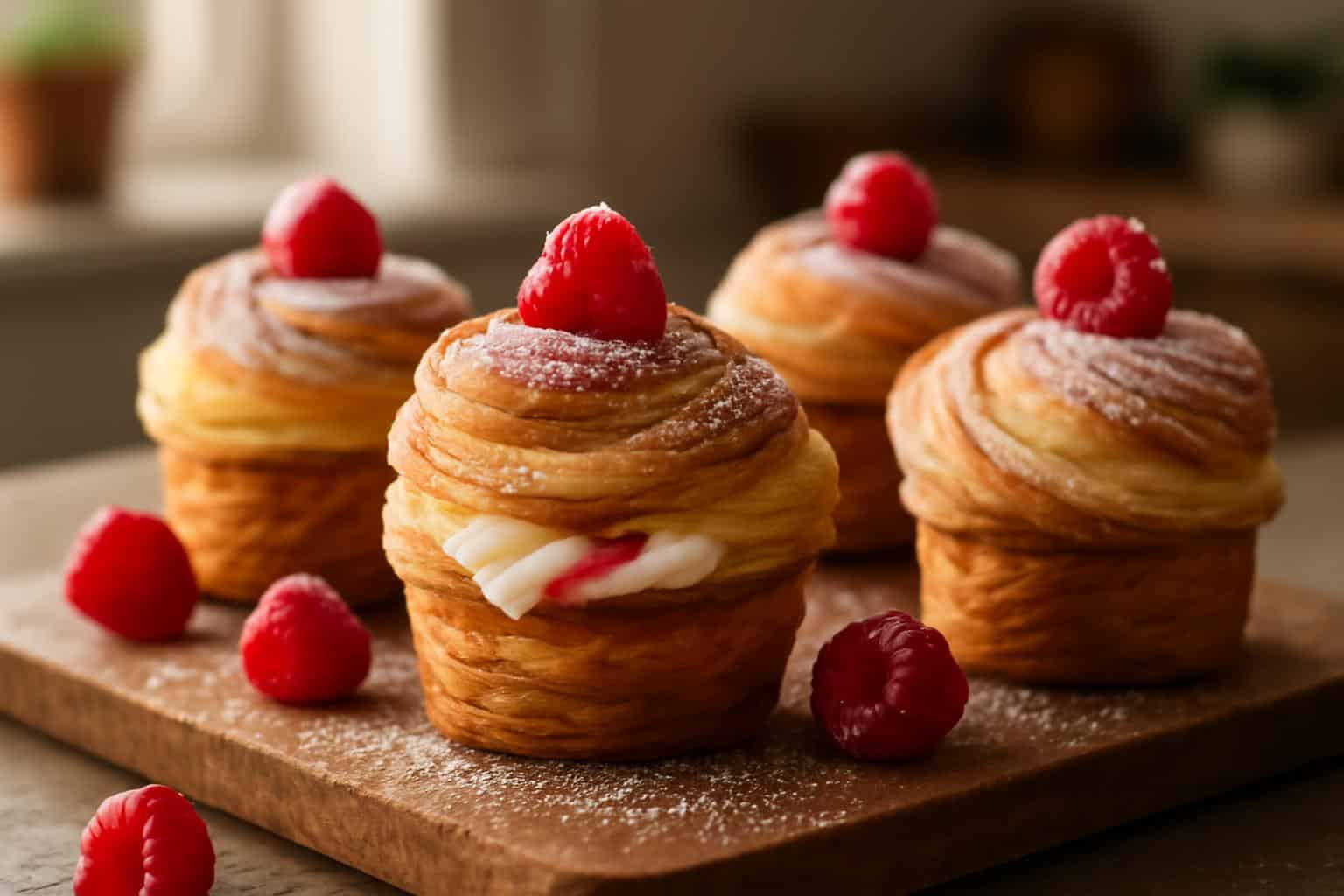 Fresh raspberry cream cheese cruffins with flaky layers and creamy filling on wooden board
