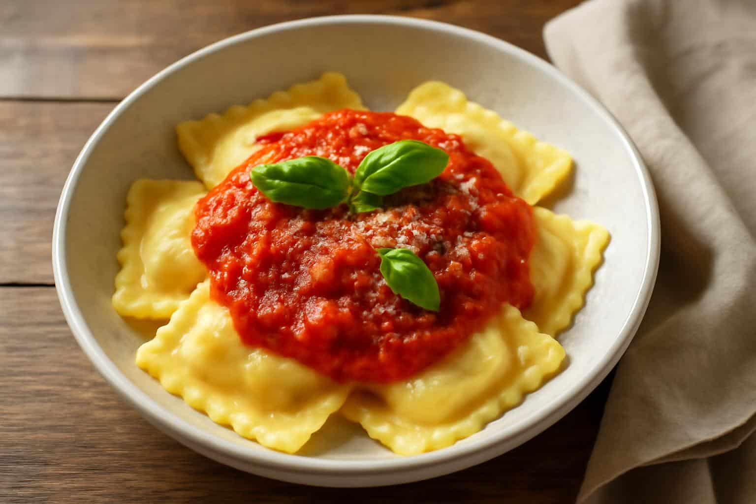 Bowl of ravioli sauce over ravioli garnished with basil and Parmesan, showcasing homemade ravioli sauce