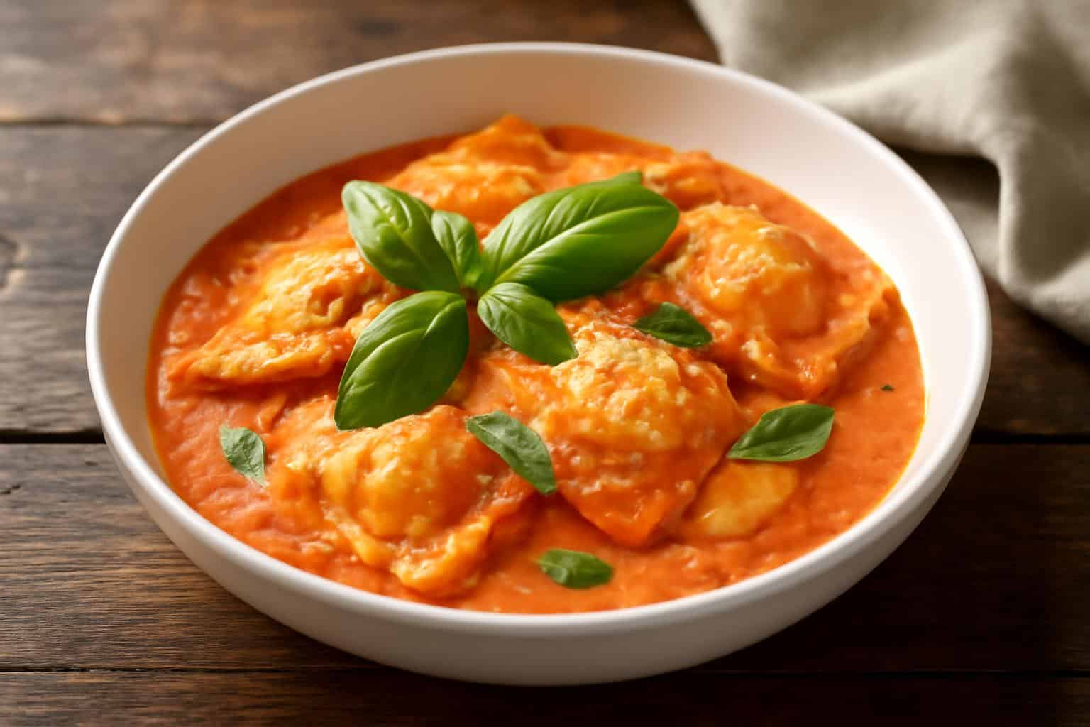 Plate of ravioli with rich creamy tomato basil ravioli sauce garnished with fresh basil leaves