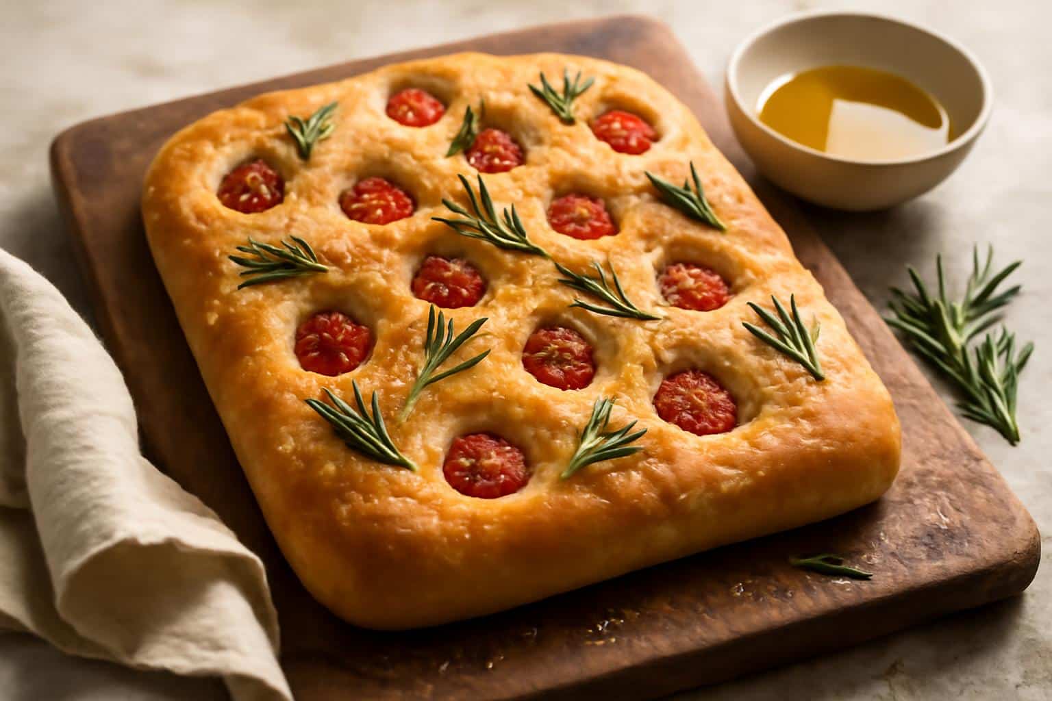 Delicious baked focaccia bread topped with rosemary and cherry tomatoes, showing recipes using focaccia bread