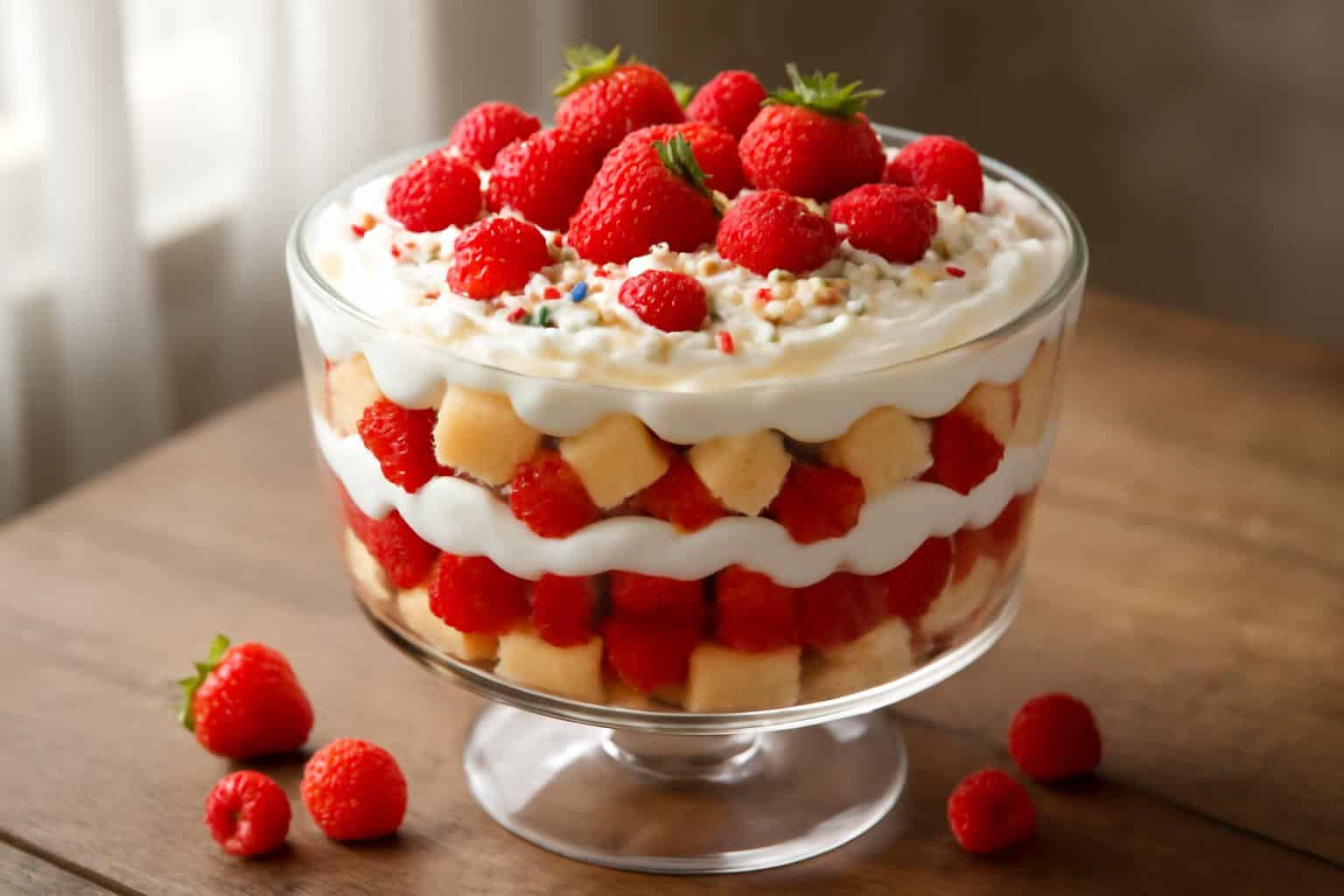 Red white and birthday delight berry trifle dessert with fresh berries and whipped cream