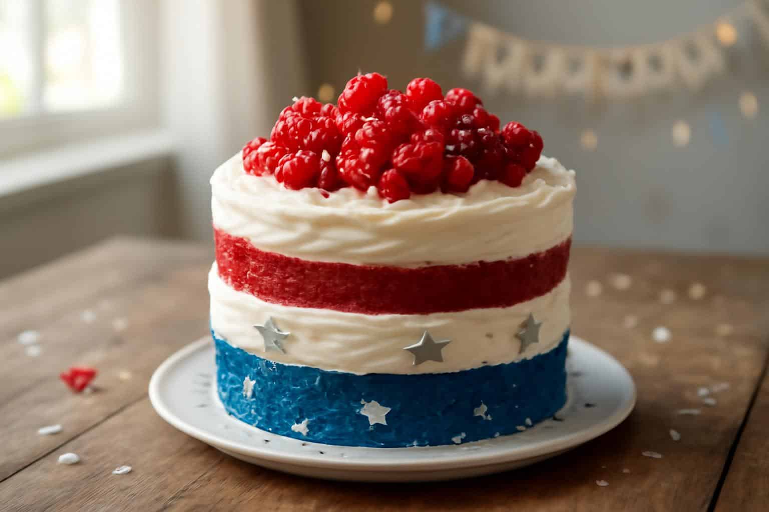 Red white birthday delight cake with layered frosting and fresh berries on rustic table