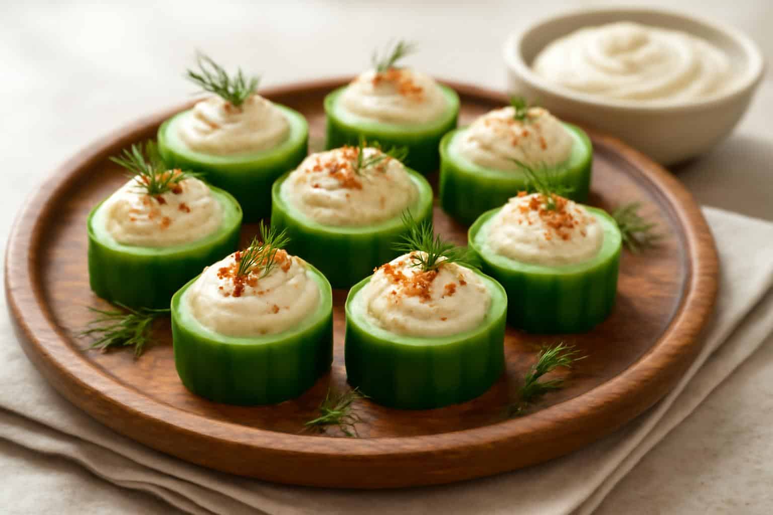Refreshing cucumber bites with fresh dill garnish and creamy dip, a crunchy low-carb snack