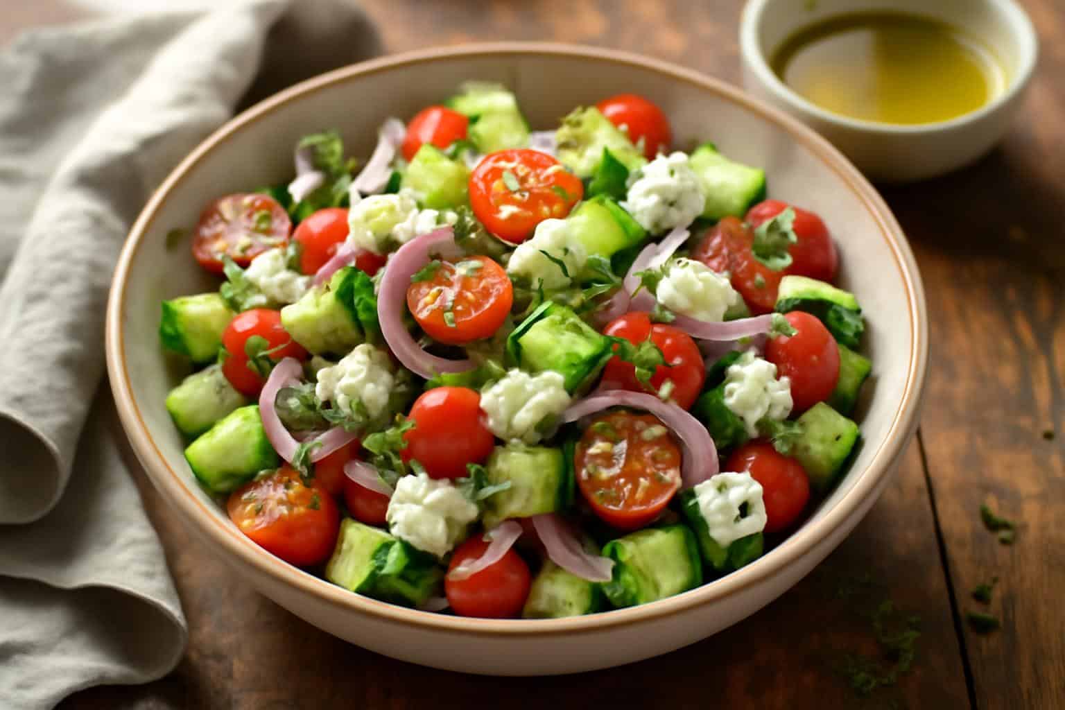 Fresh cucumber feta salad with cherry tomatoes and herbs in a rustic bowl, cucumber feta salad