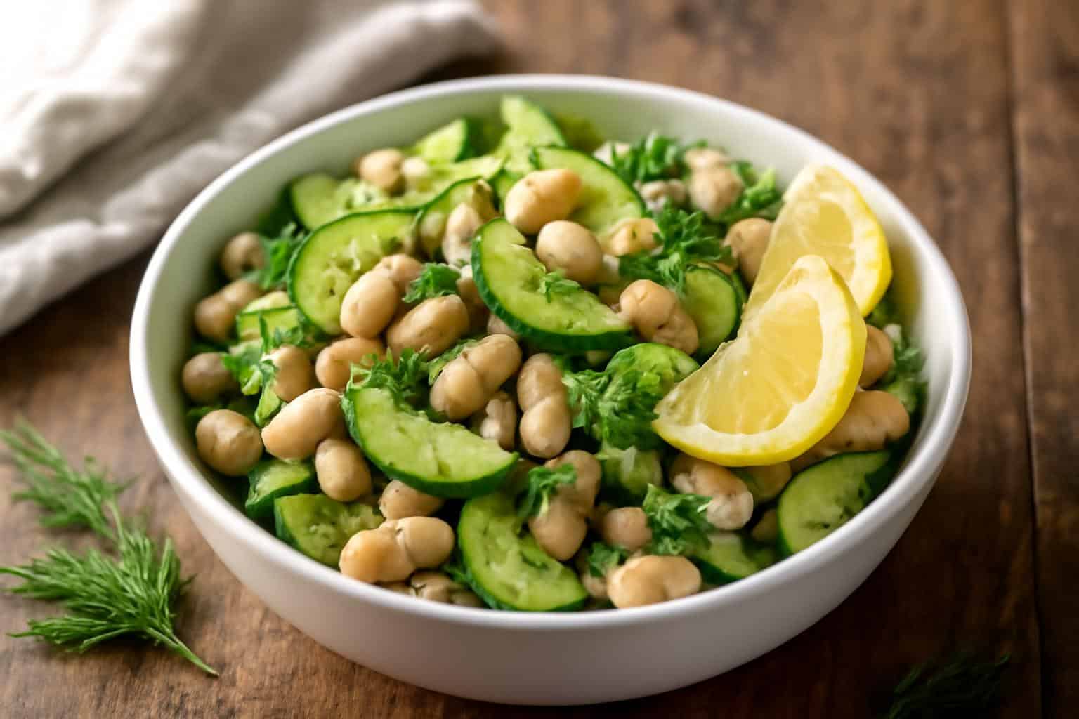 Refreshing dilly white bean salad with crisp cucumber and fresh dill garnish