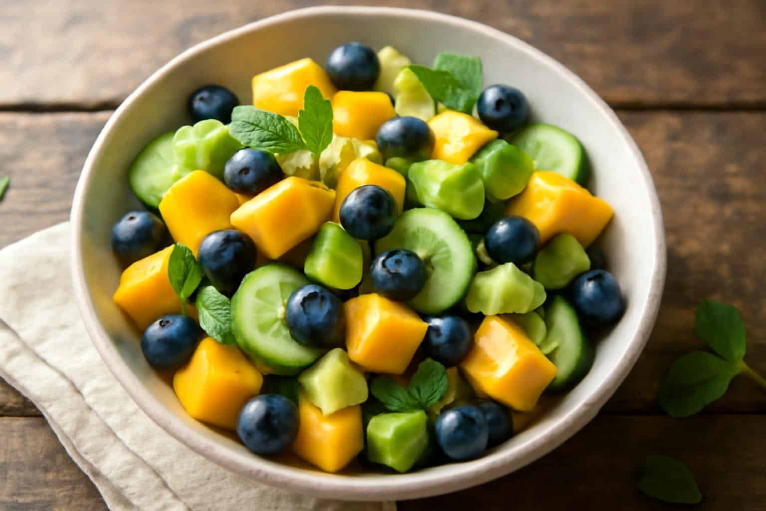Fresh mango cucumber salad with blueberries and creamy avocado in a ceramic bowl