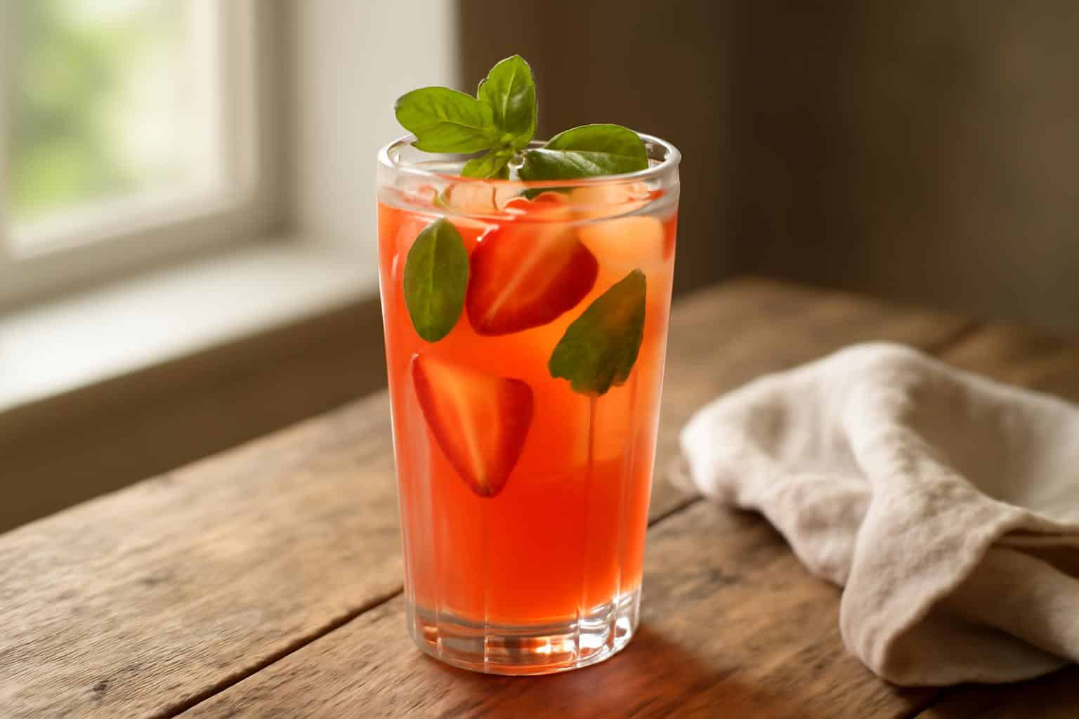 Refreshing strawberry green tea in a clear glass with fresh strawberries and mint garnish