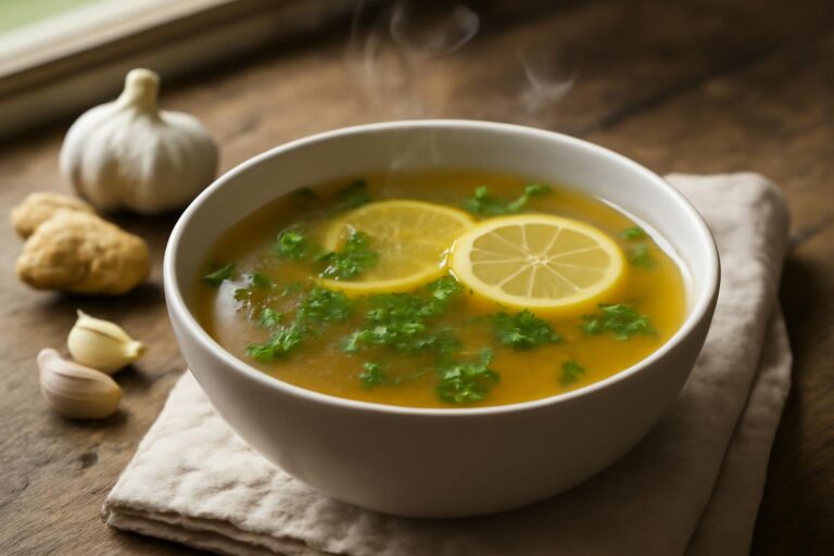 Bowl of healing ginger garlic broth garnished with parsley and lemon slices