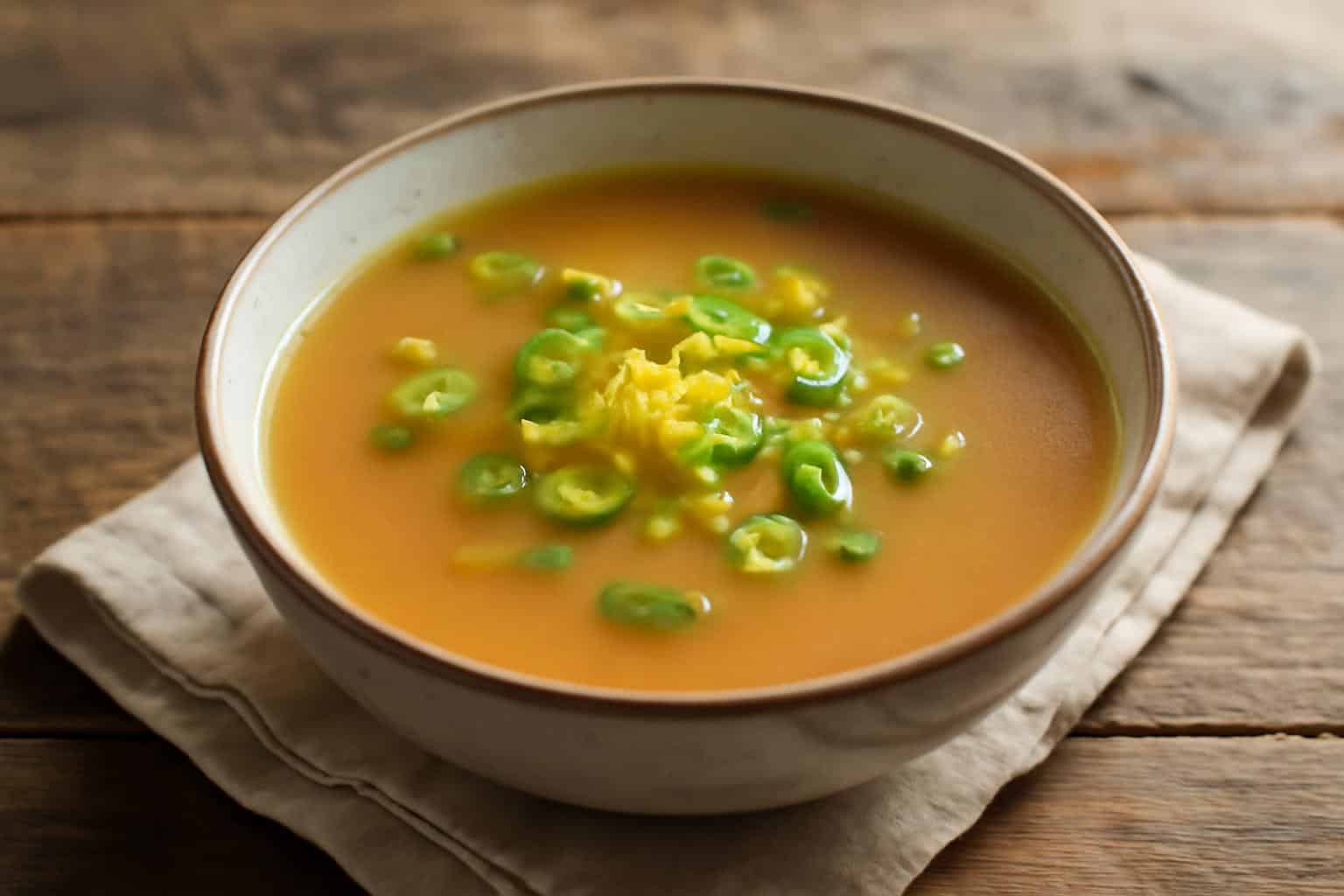 Bowl of miso ginger broth with lemon and green onion garnish, fresh and detoxifying