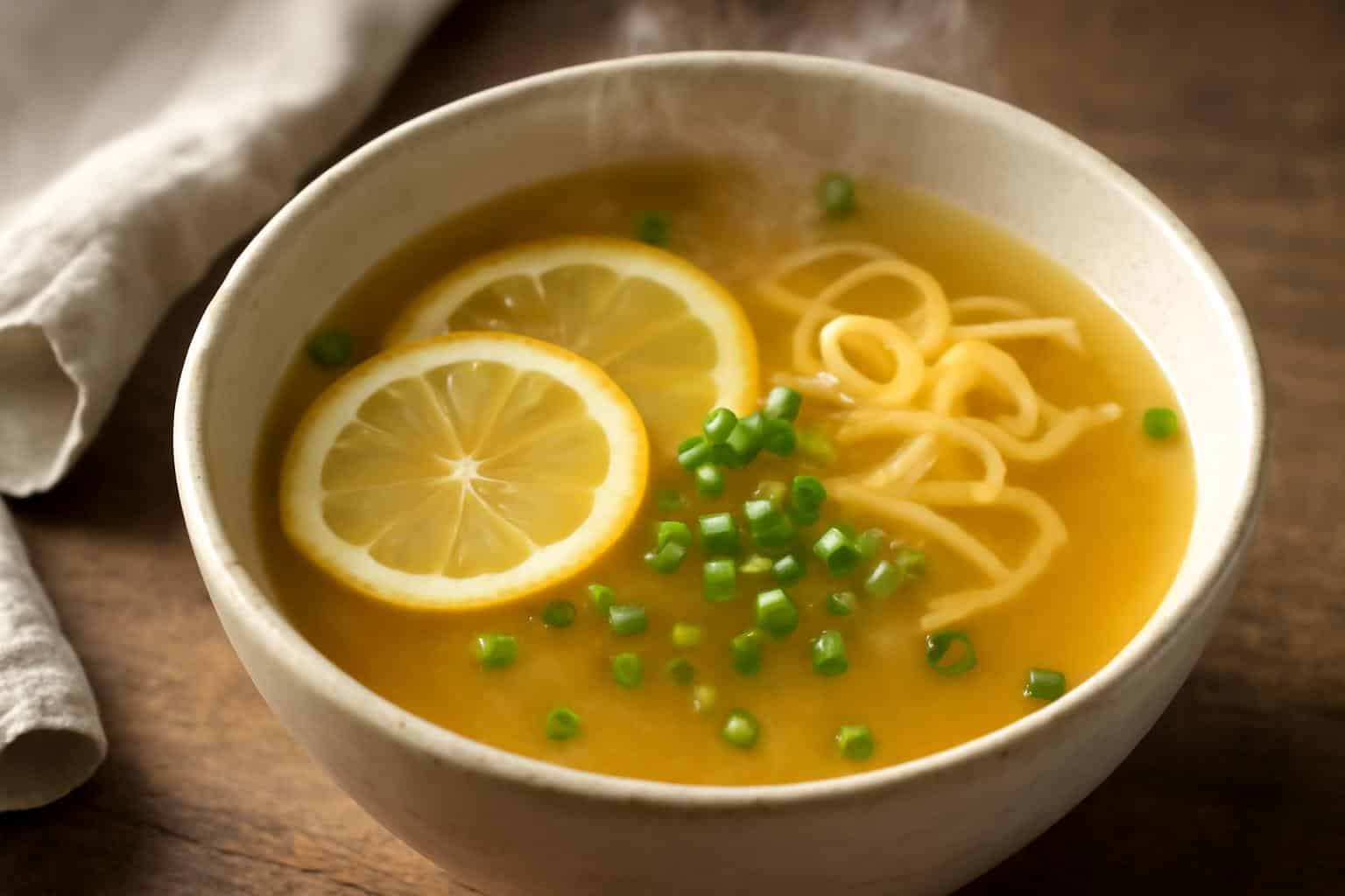 Steaming bowl of miso-ginger lemon broth garnished with lemon slices and green onions