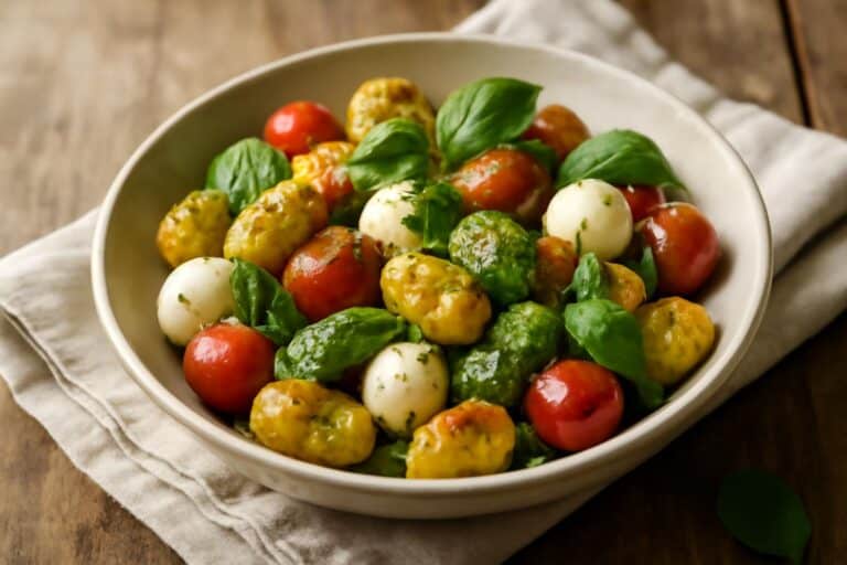 Roasted gnocchi salad with pesto and mozzarella served in a bowl with fresh basil garnish