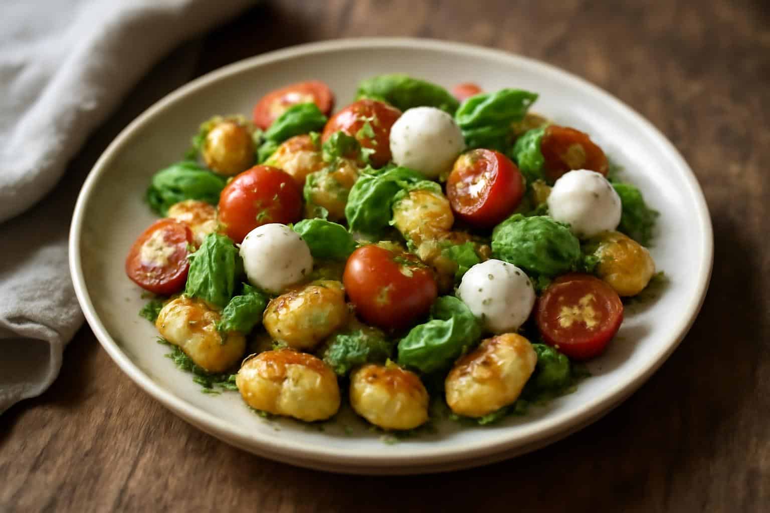 Roasted gnocchi salad with pesto, mozzarella, cherry tomatoes, and basil on a rustic plate
