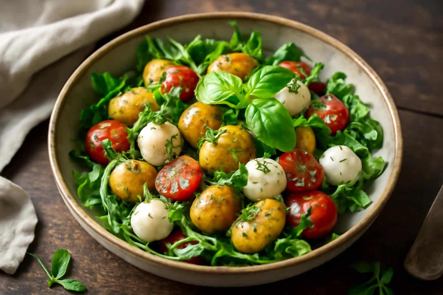 Roasted gnocchi salad with pesto and mozzarella served in a rustic bowl