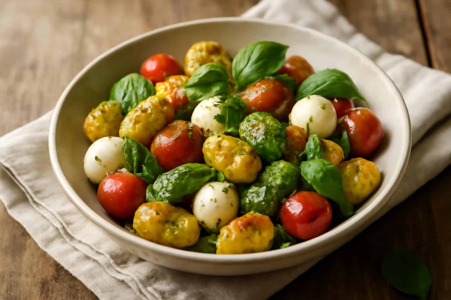Roasted gnocchi salad with pesto and mozzarella served in a bowl with fresh basil garnish