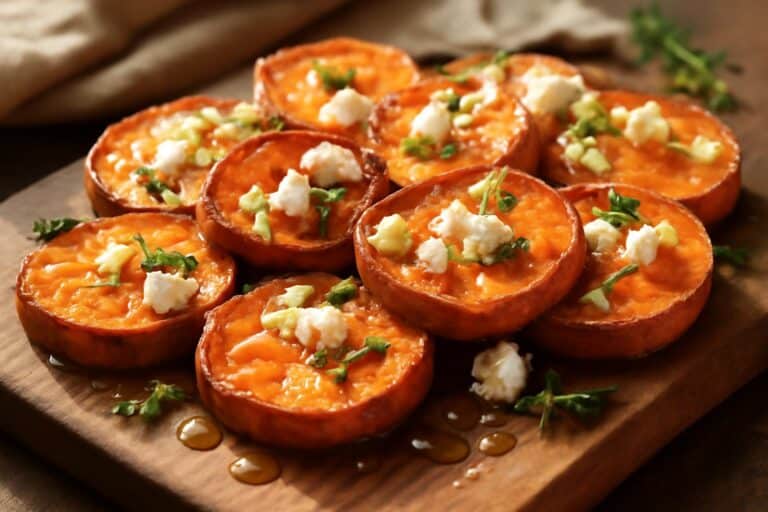 Roasted sweet potato rounds drizzled with honey and topped with feta cheese and thyme garnish