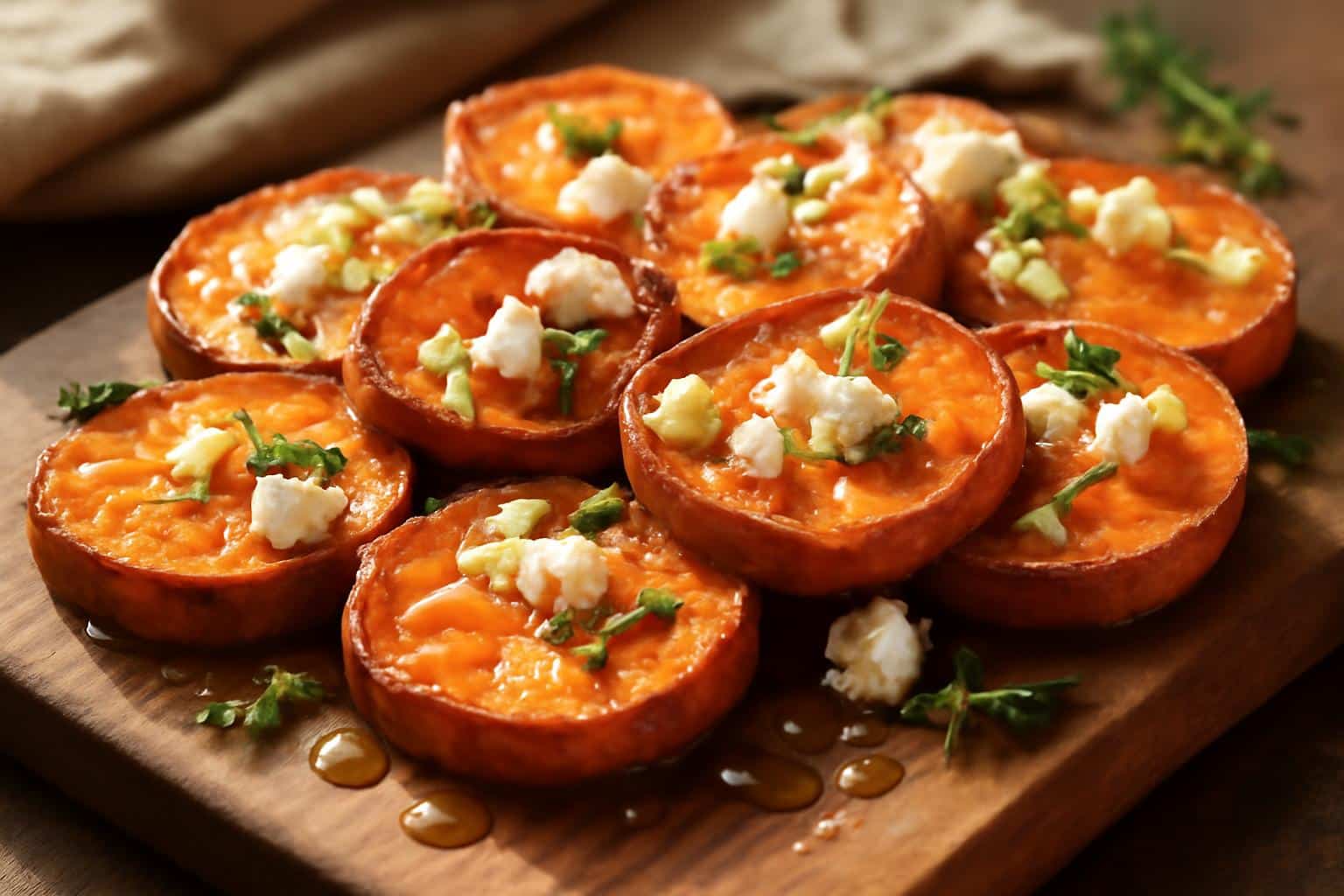 Roasted sweet potato rounds drizzled with honey and topped with feta cheese and thyme garnish