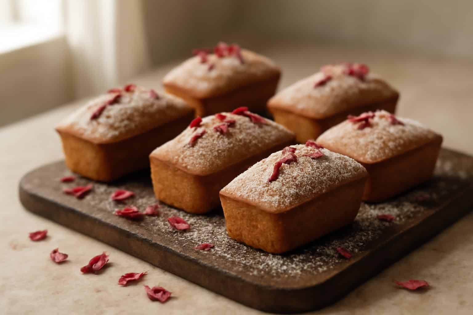 Rose cardamon mini loaves beautifully baked with powdered sugar and rose petal garnish