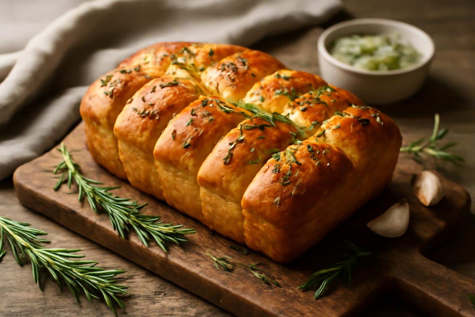 Rosemary garlic bread pull apart with golden crust and fresh herb garnish