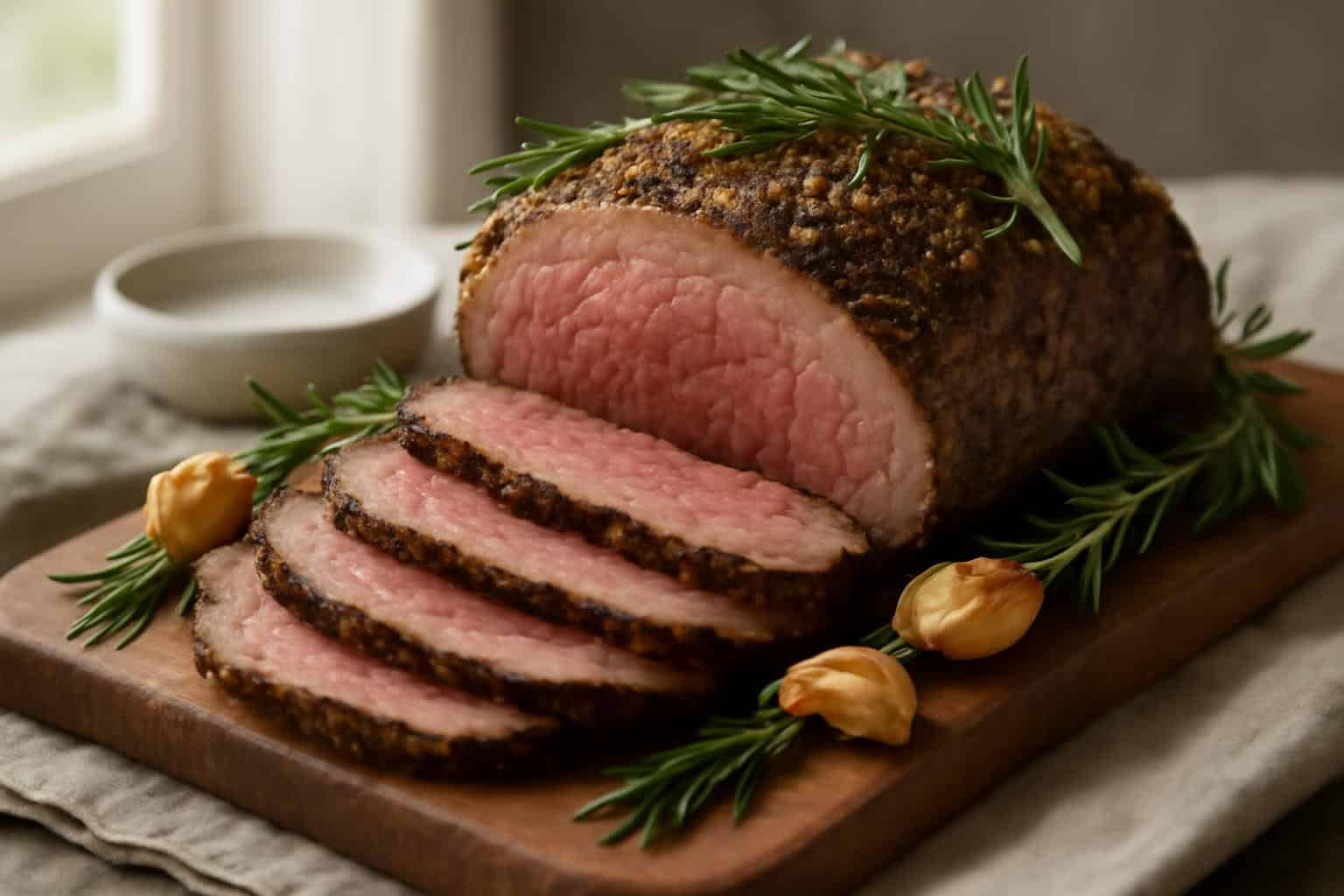 Juicy rosemary garlic roast beef sliced and garnished with fresh rosemary and roasted garlic cloves