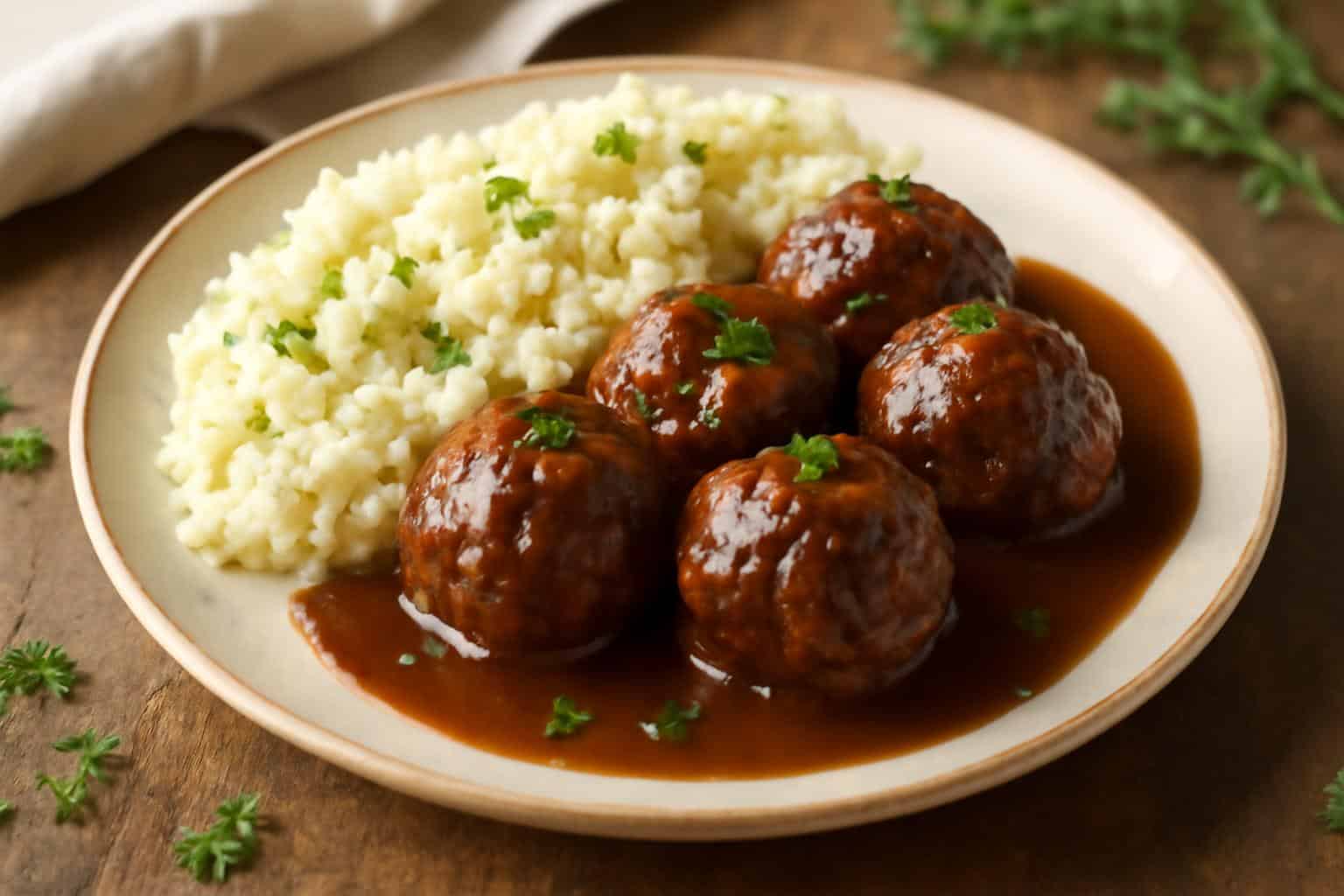 Salisbury steak meatballs served with garlic herb mashed potatoes garnished with parsley