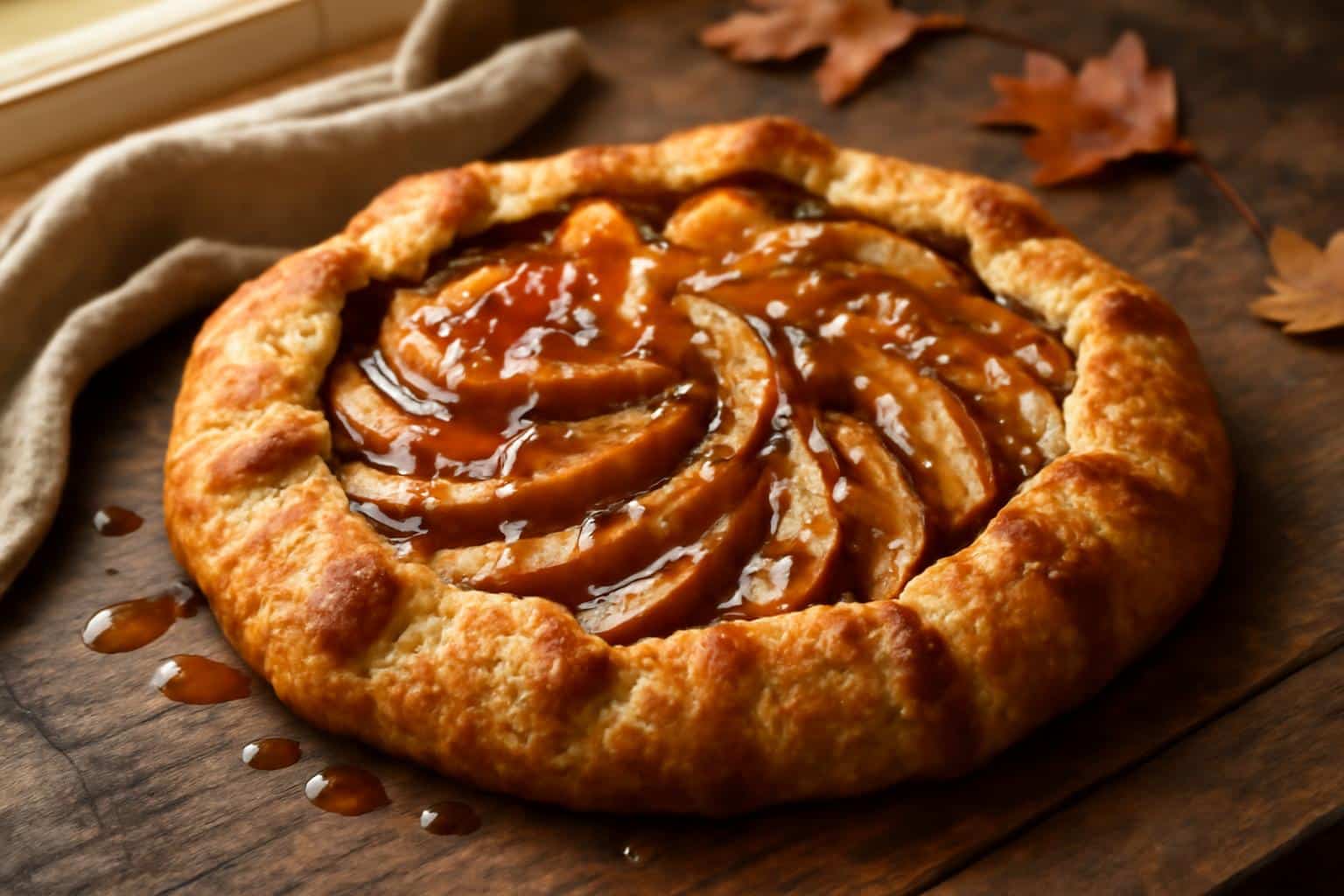 Salted caramel apple galette with golden crust drizzled in caramel and sprinkled sea salt
