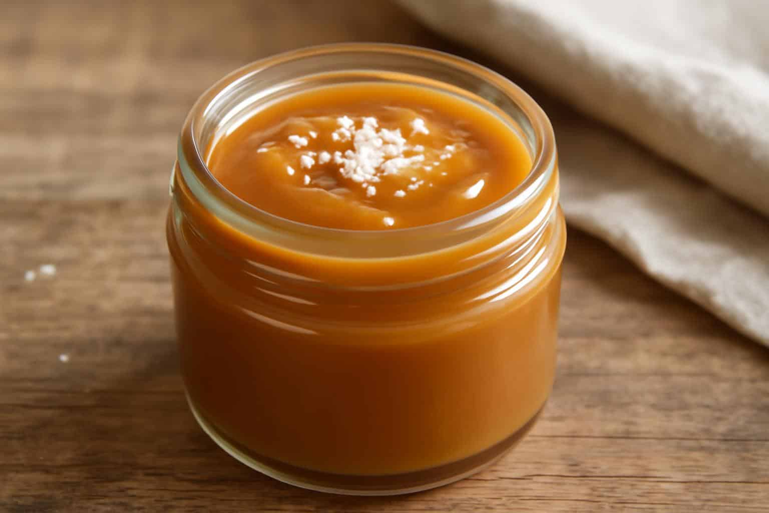 Jar of rich salted caramel sauce with flaky sea salt topping on rustic wooden surface