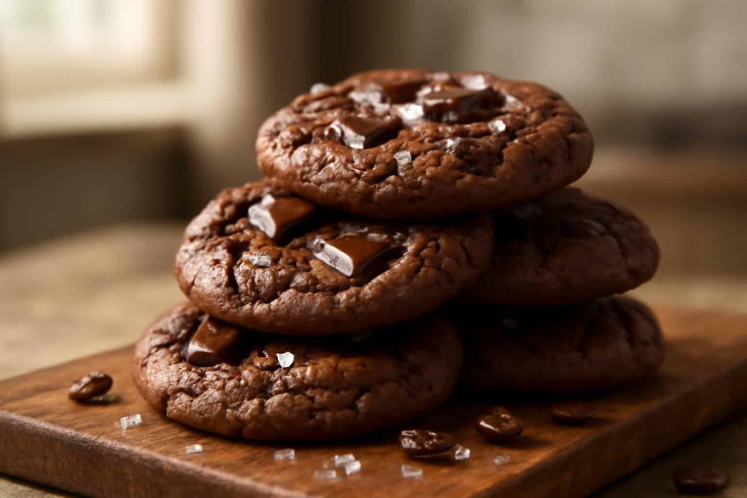 Salted espresso brownie cookie stacked with flaky sea salt and coffee beans, rich chocolate texture