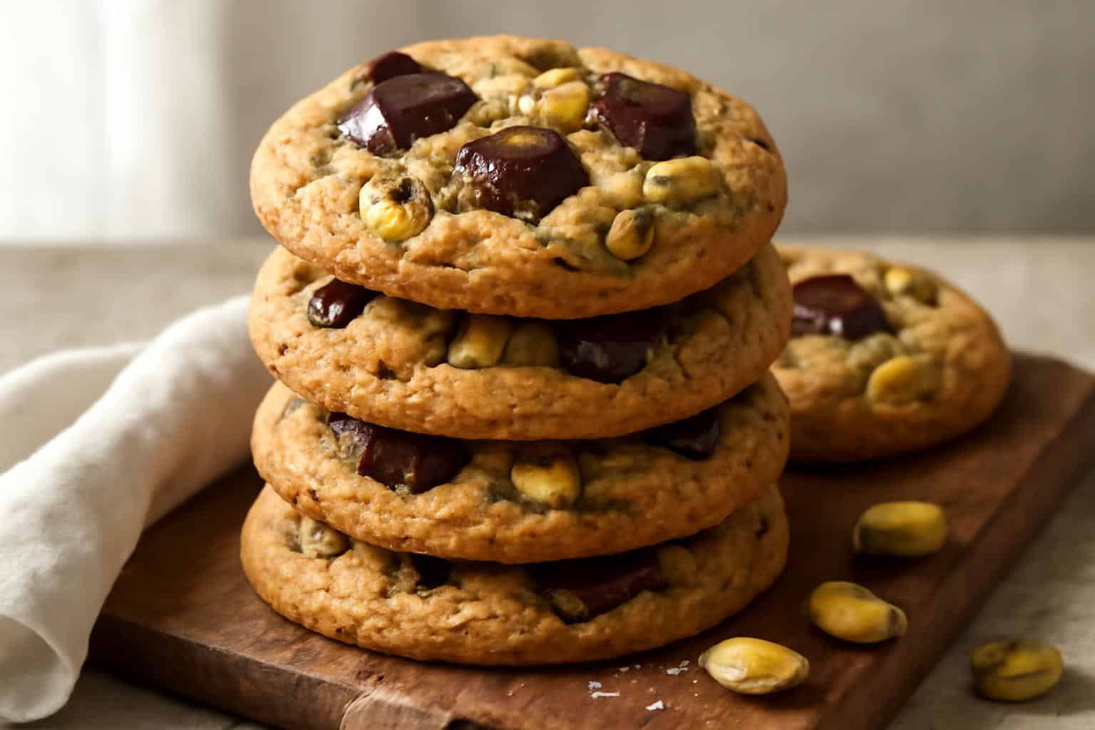 Salted pistachio chocolate chunk cookies stacked on a wooden board with visible pistachios and melted chocolate chunks