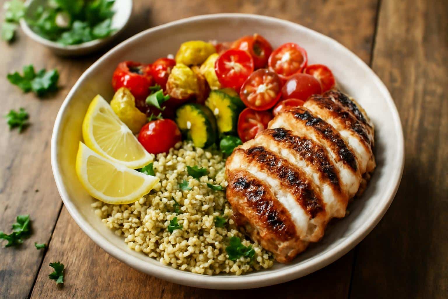 Mediterranean meal prep bowl with grilled chicken and roasted vegetables in natural light
