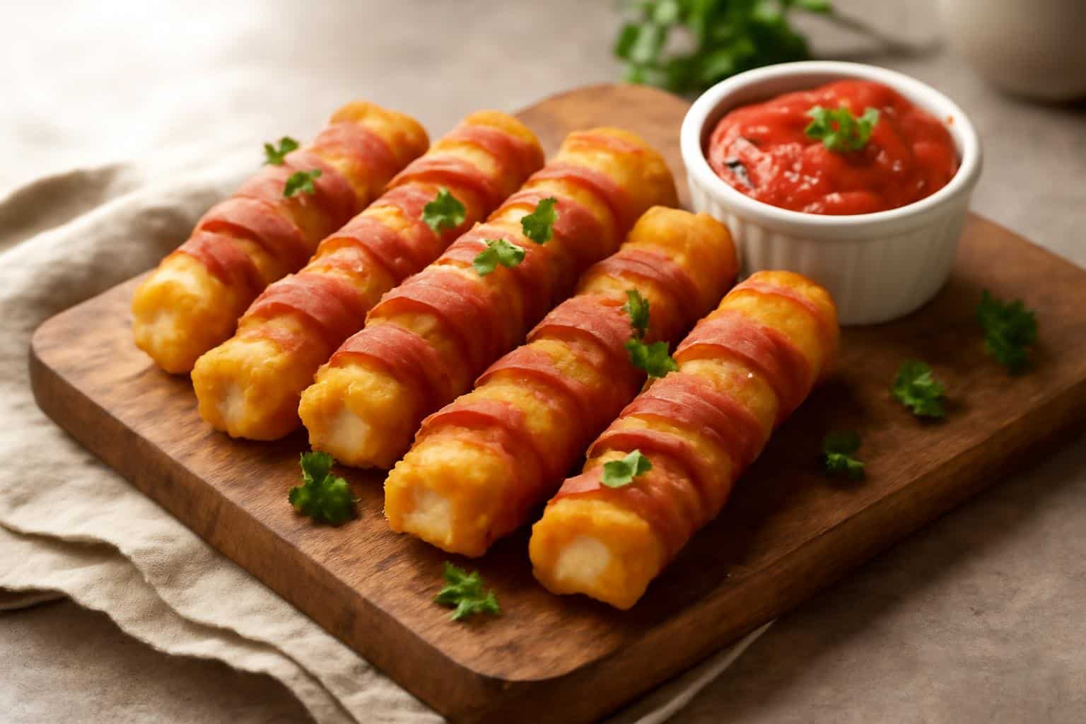 Crispy bacon-wrapped mozzarella sticks on a rustic board with marinara sauce, bacon-wrapped mozzarella sticks