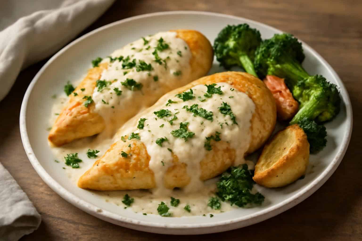 Baked Caesar chicken drizzled with velvety parmesan sauce and parsley garnish