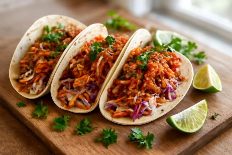 Savory BBQ chicken wraps filled with crunchy coleslaw on rustic wooden board