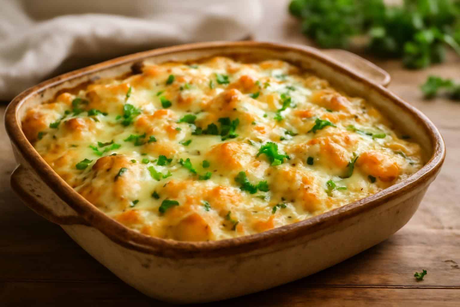 Golden baked boursin chicken bake topped with melted cheese and parsley