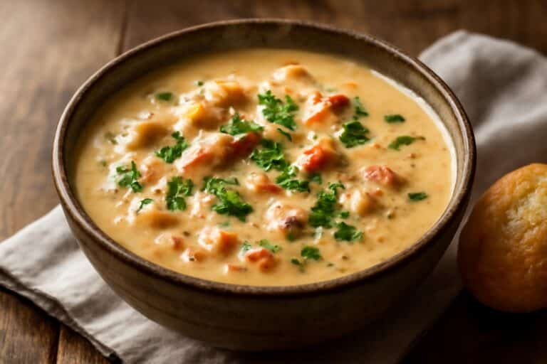 Bowl of savory Bubba's crab stew garnished with parsley and black pepper, showcasing rich creamy crab stew