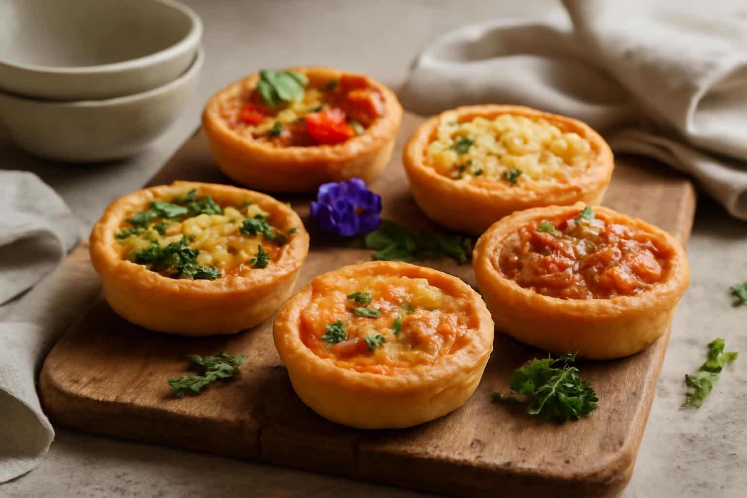 Five golden savory cakes garnished with herbs, showcasing savory cake ideas for appetizers