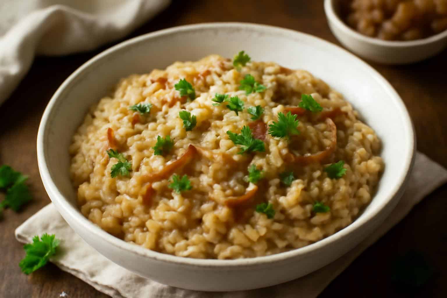 Creamy caramelized onion risotto garnished with parsley and Parmesan cheese