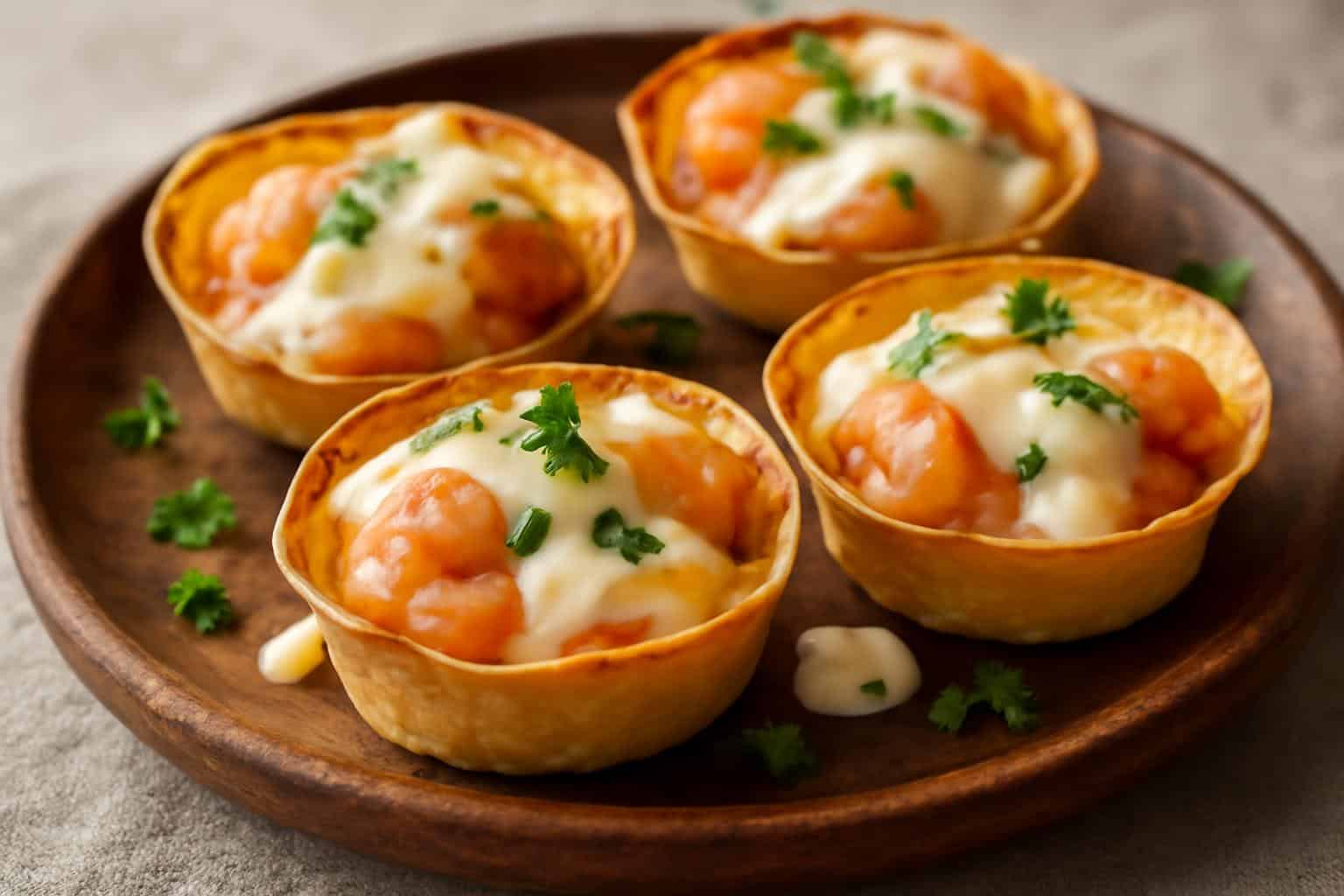 Golden baked seafood tortilla bites with melted cheese and garlic cream drizzle garnished with fresh parsley