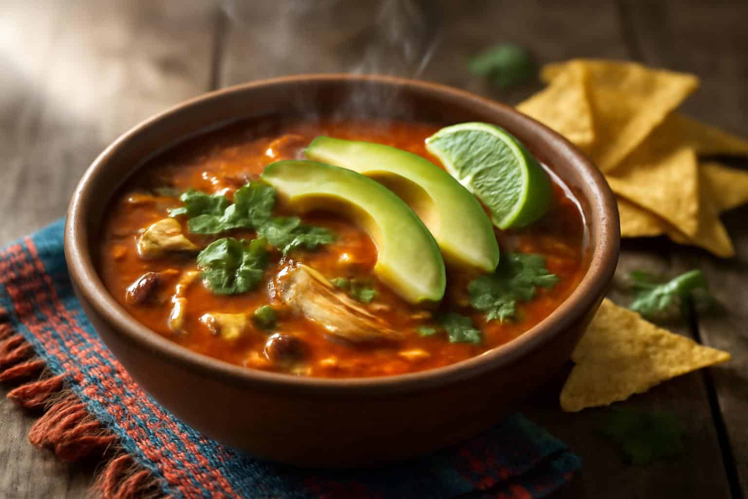 Savory chicken enchilada soup in bowl garnished with cilantro and avocado