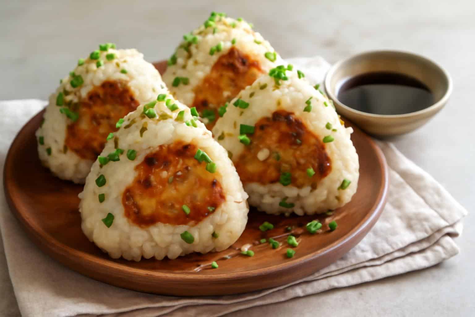 Savory chicken onigiri rice balls garnished with sesame seeds and green onions