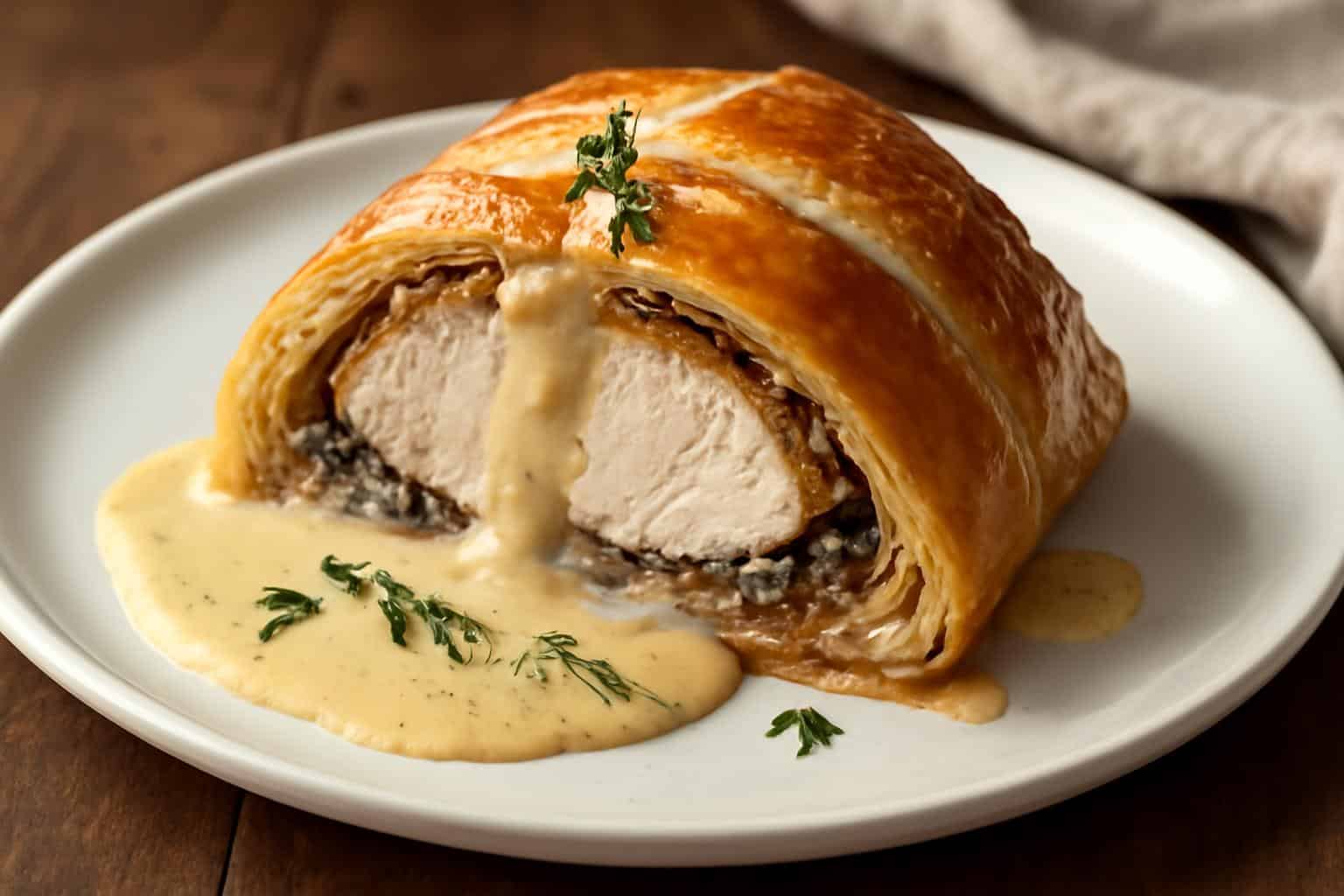 Golden-brown chicken wellington with creamy Dijon cream sauce and fresh thyme garnish