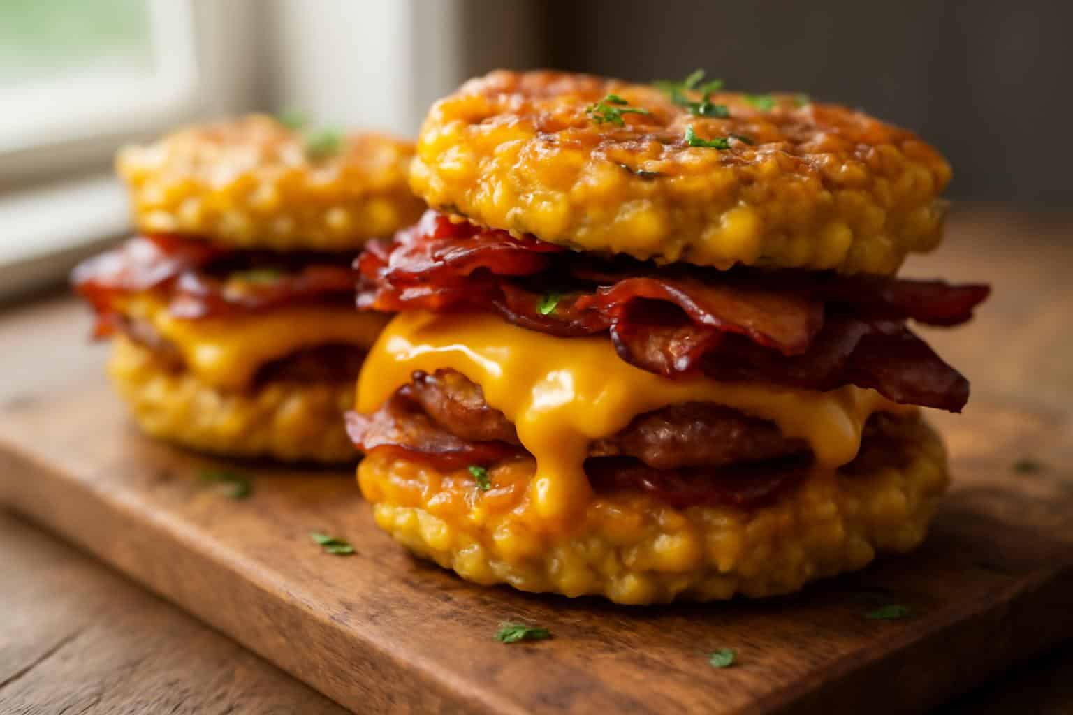 Golden savory corn fritter breakfast sandwiches with melted cheese and bacon on rustic board