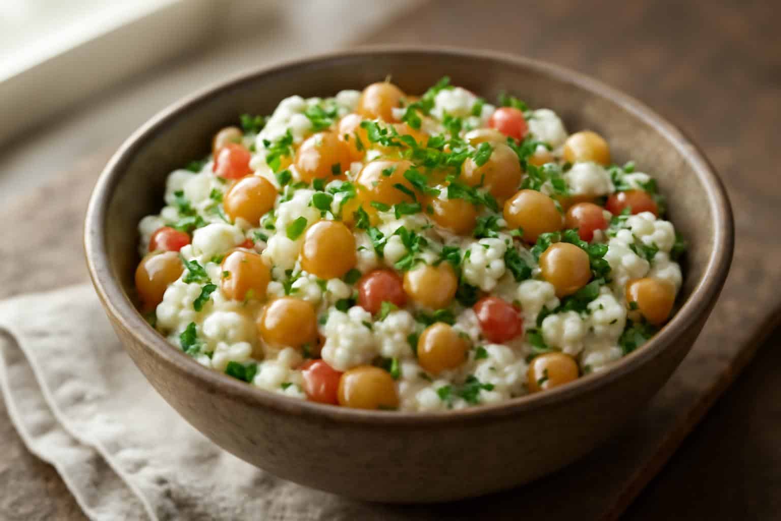 Savory cottage cheese salad with chickpeas and fresh herbs in a rustic bowl