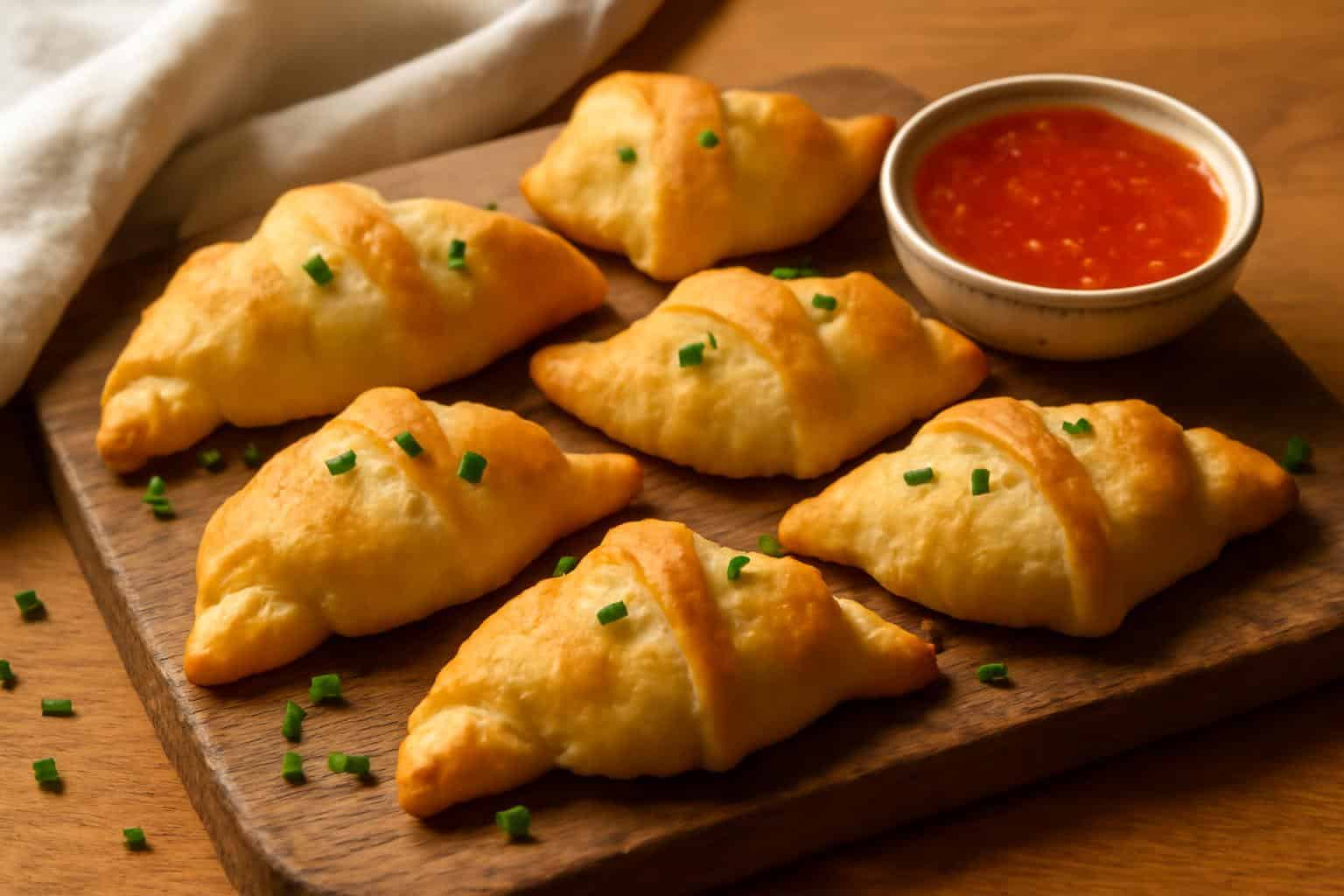 Golden baked crab rangoon crescent rolls garnished with chives and dipping sauce