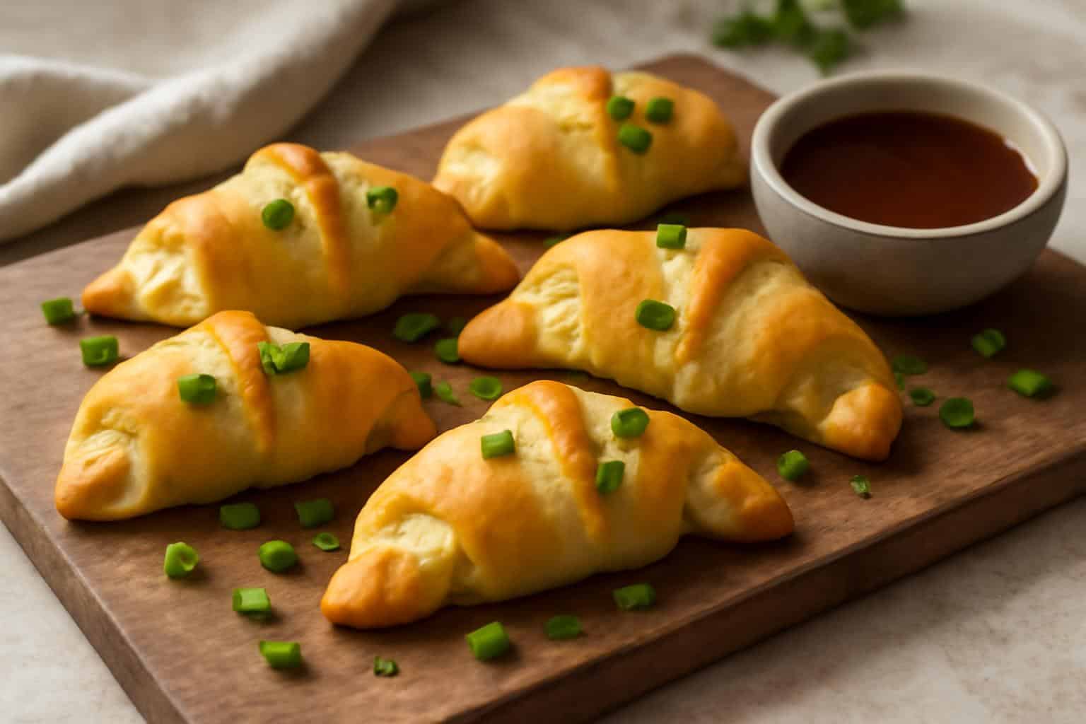 Golden baked savory crab rangoon crescent rolls garnished with green onions and dipping sauce