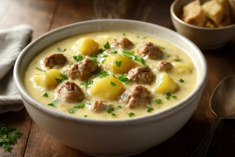 Creamy sausage potato chowder served in a bowl garnished with parsley and pepper