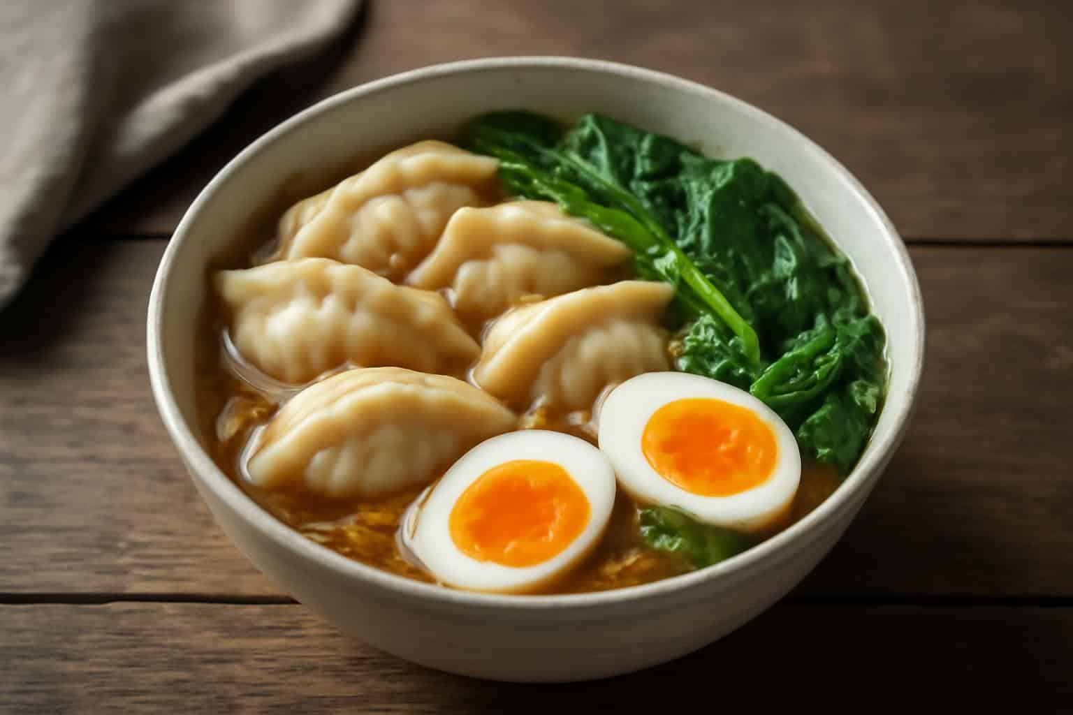 Savory dumpling ramen bowl with soft-boiled eggs and fresh greens in a rustic bowl