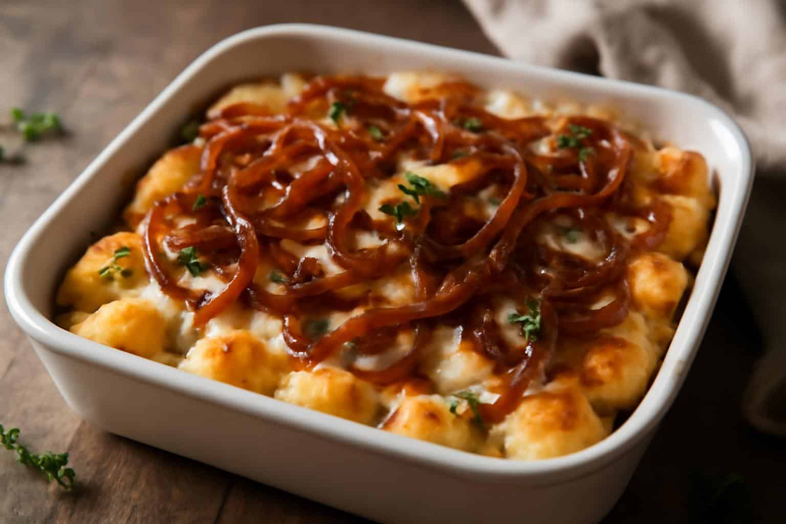 Baked savory french onion gnocchi topped with golden caramelized onions and melted cheese