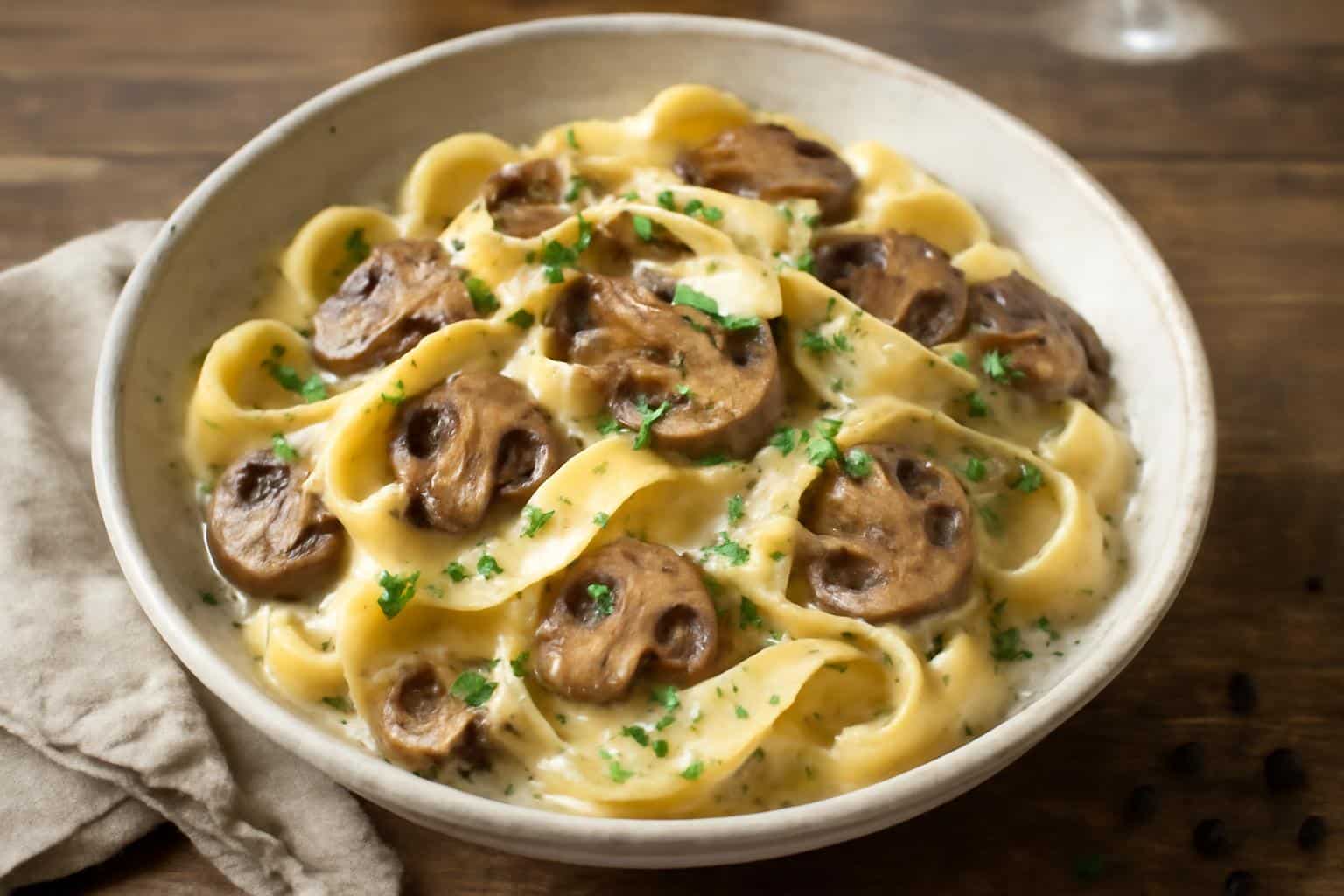 Creamy garlic butter mushroom pappardelle pasta garnished with parsley and Parmesan
