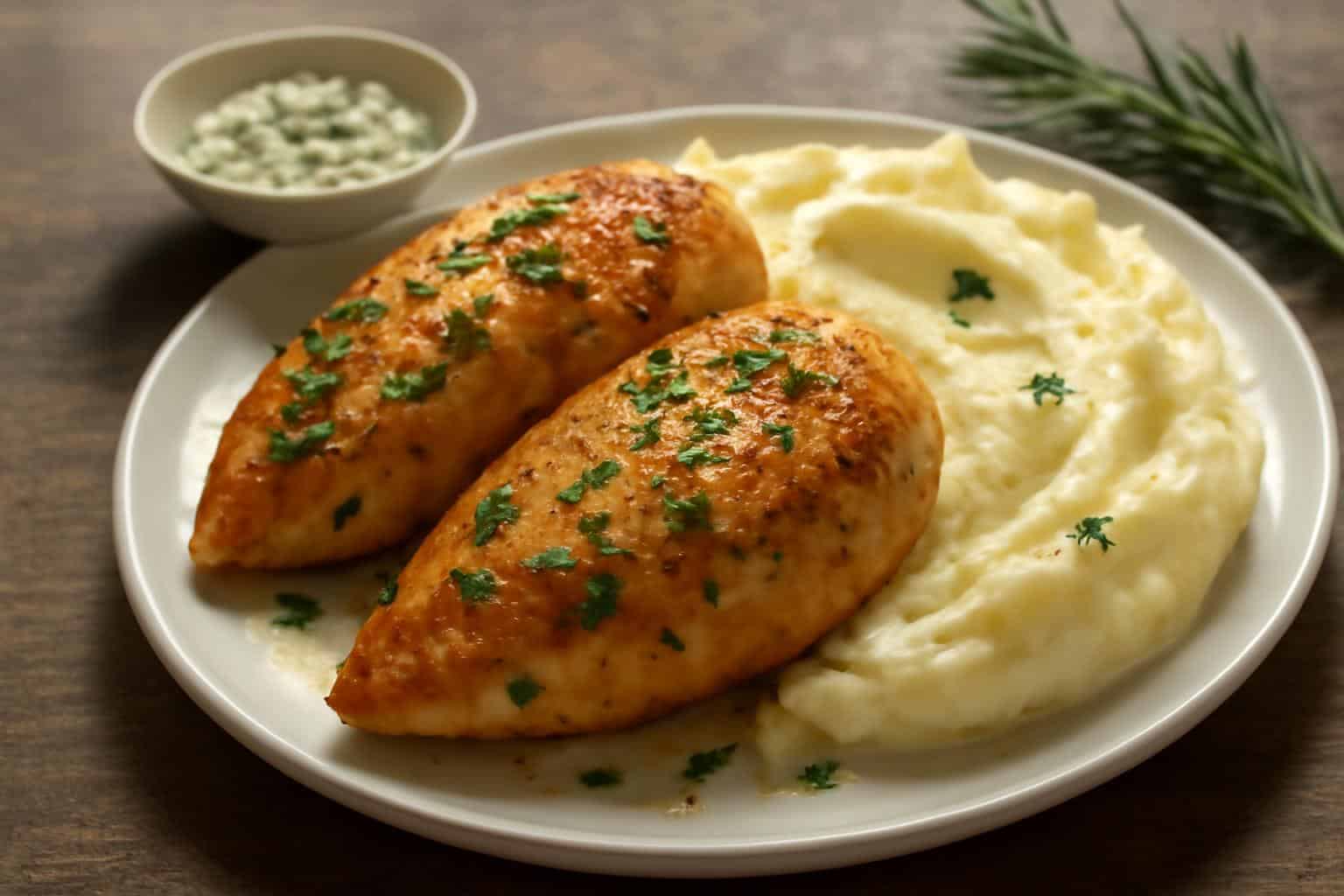 Garlic herb chicken served with creamy velvety mashed potatoes garnished with parsley
