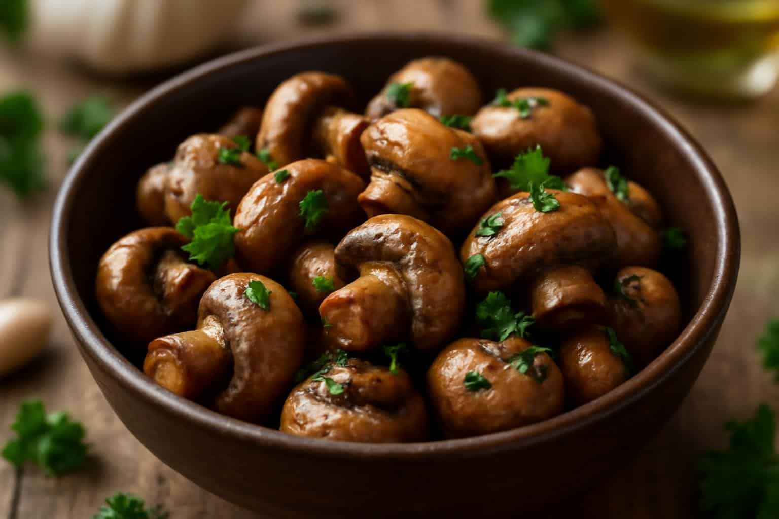 Savory garlic mushrooms garnished with parsley in a rustic bowl, perfect garlic mushrooms dish